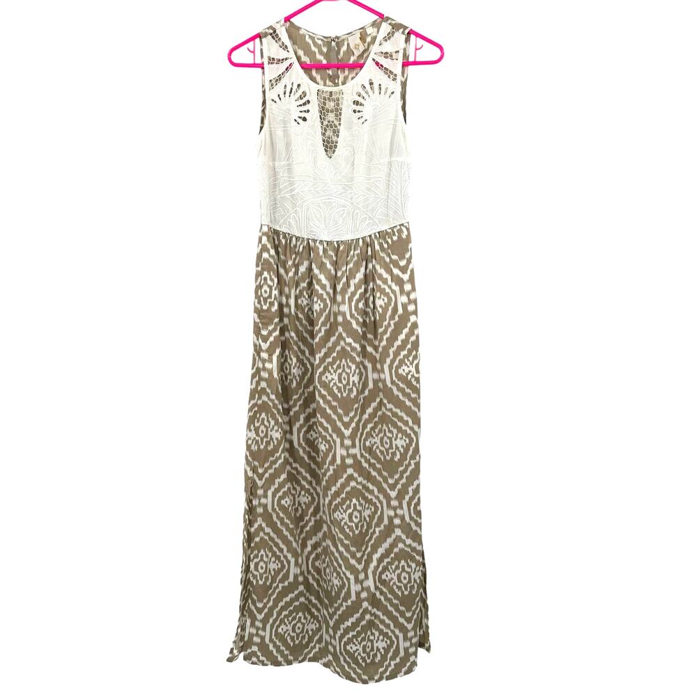 Anthropologie Size 0 Sleeveless Lace Embroidered Maxi Dress Tan & White Pattern